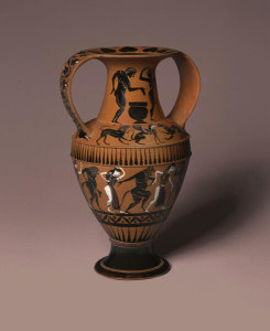 Attributed to Painter N, Thiasos Group - Black-figure Nikosthenic amphora, Greek, Athens, ca. 530‒510 BC