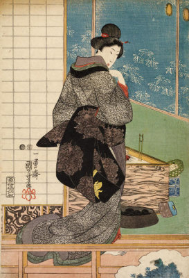 Utagawa Kuniyoshi - Woman standing on a veranda near a brazier, 1847-1848